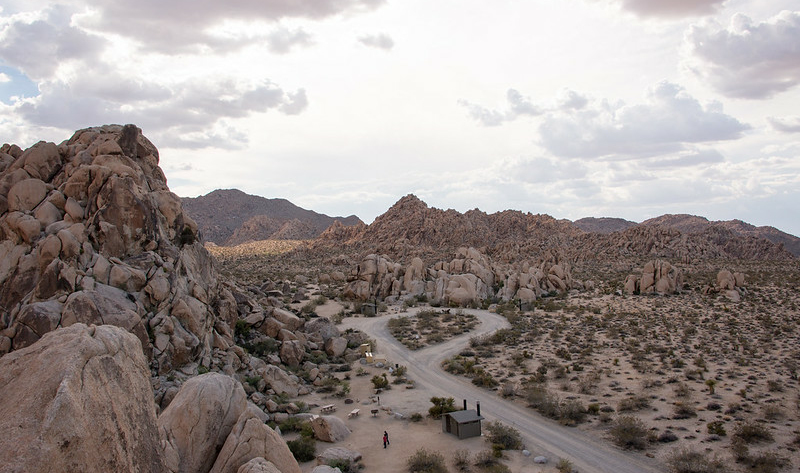 Aerial view of a dirt road and large rock formations in Indian Cove Campground. Picture by NPS/Lian Law