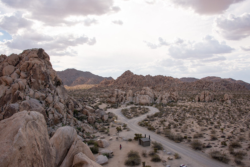 Aerial view of a dirt road and large rock formations in Indian Cove Campground. Picture by NPS/Lian Law