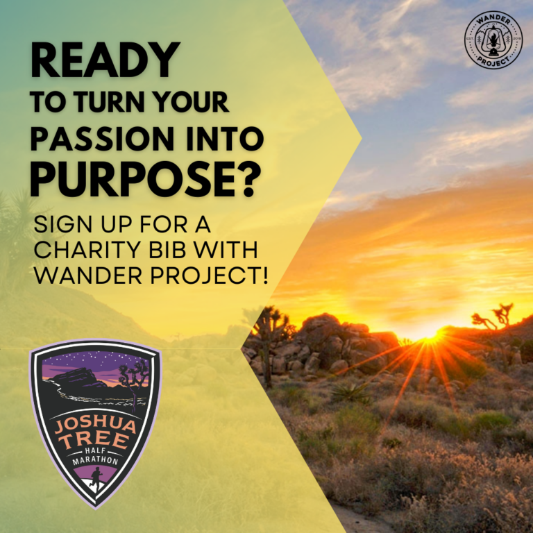Sunrise in Joshua Tree with the Joshua Tree Half Marathon medal and the caption "Ready to turn your passion into purpose? Sign up for a charity bib with Wander Project!"